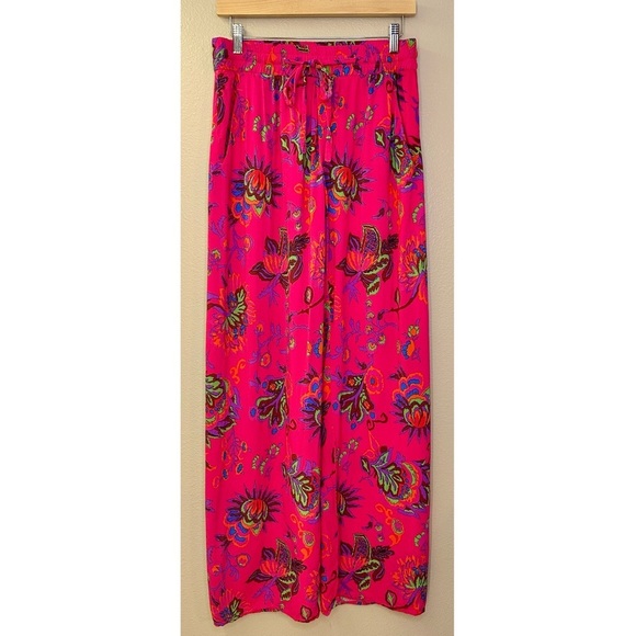 Catherine Malandrino Vibrant Pink Floral High Rise Wide Leg Drawstring Pants - Picture 6 of 7